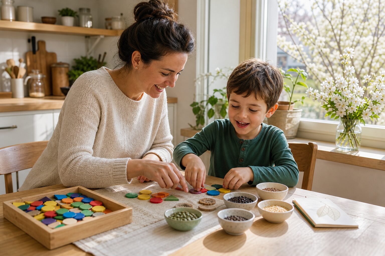 Mère accompagnant son jeune garçon dans un apprentissage à la table de cuisine