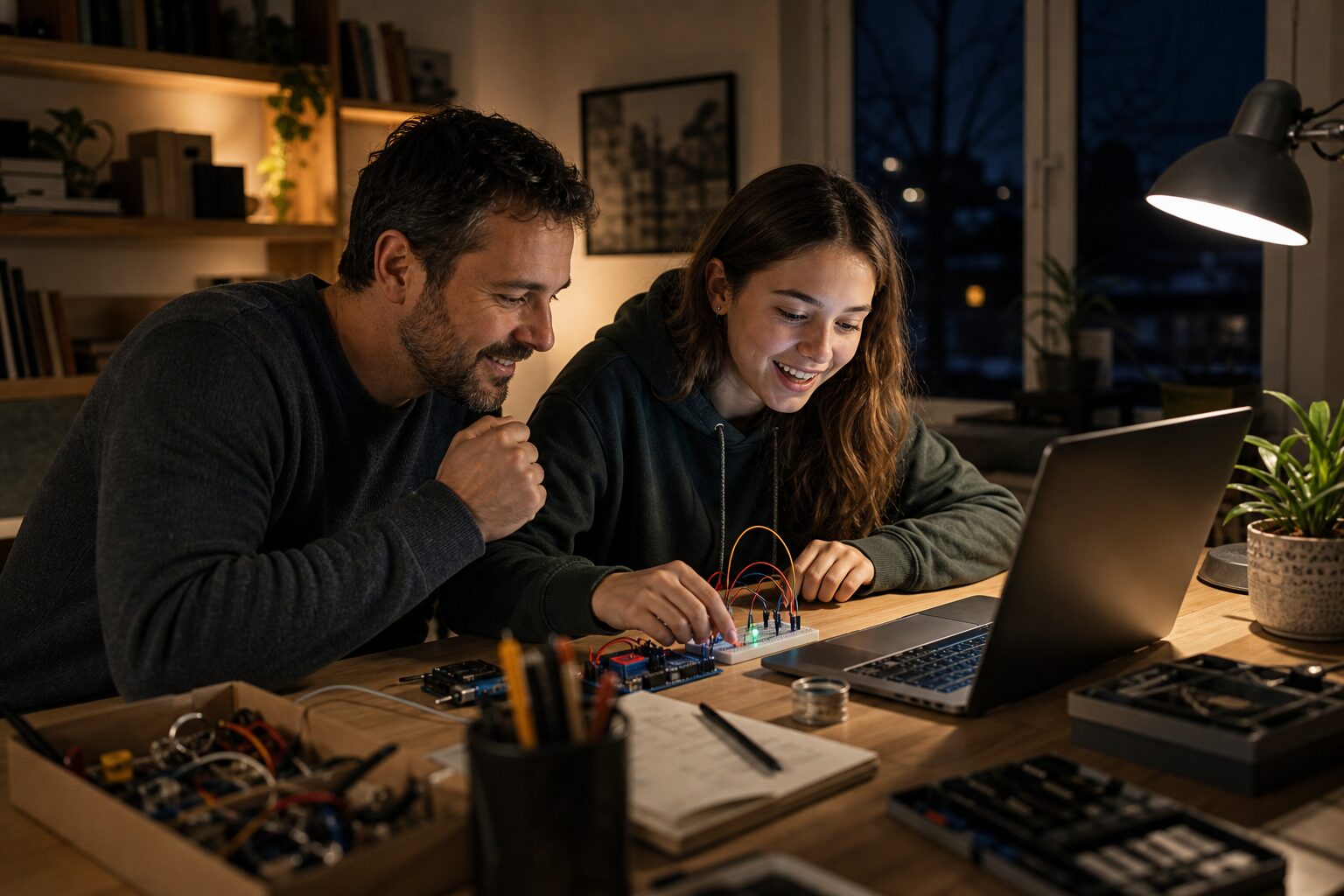 Père accompagnant son adolescente dans un projet de technologie en soirée