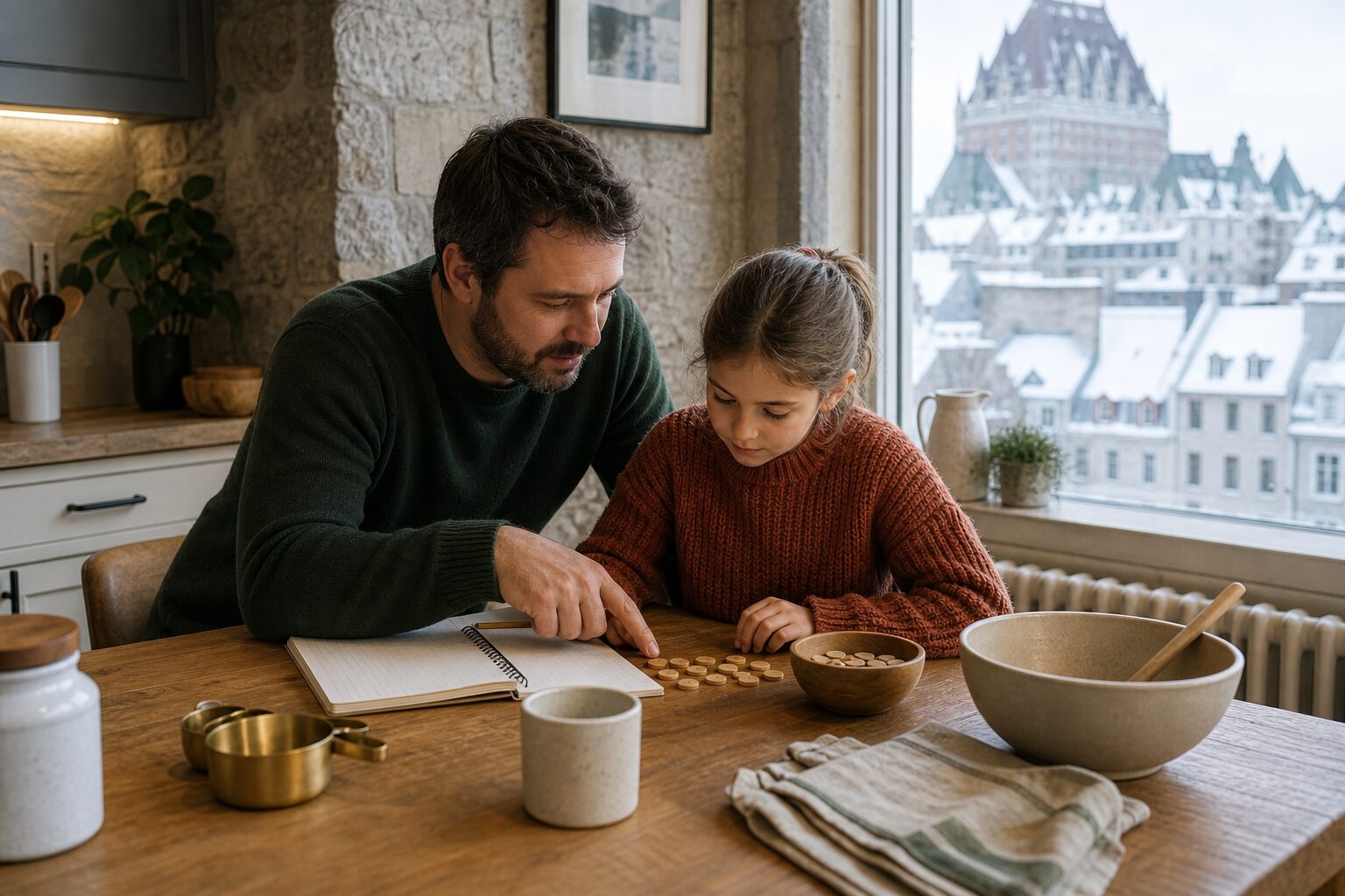 Père et fille apprenant ensemble avec vue sur le Château Frontenac en hiver