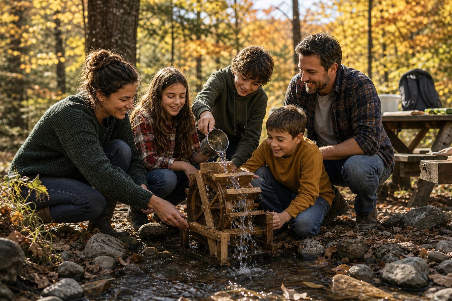 Famille réalisant un projet de roue à eau dans un ruisseau en automne