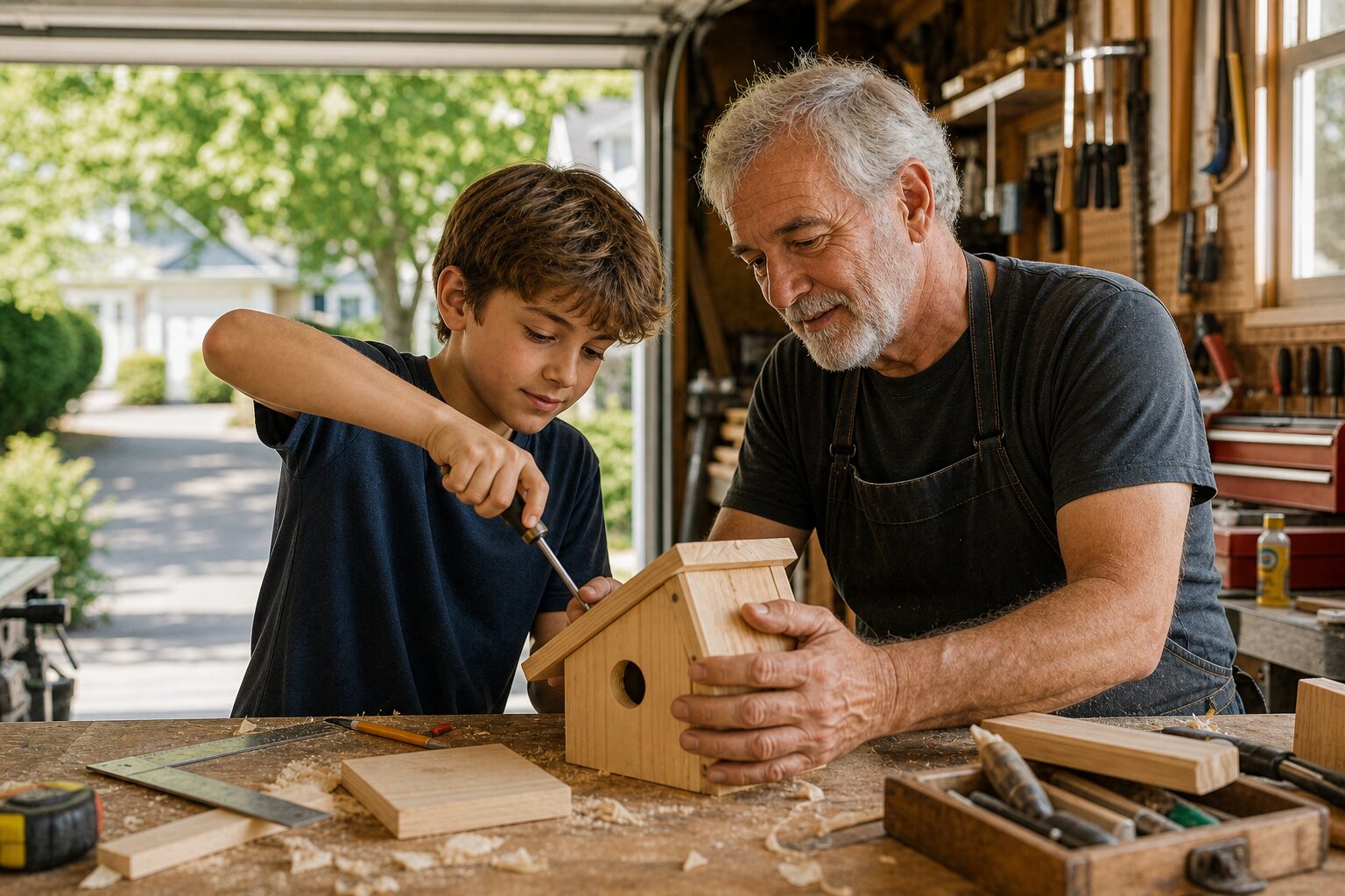 Grand-père transmettant l'art de la menuiserie à son petit-fils