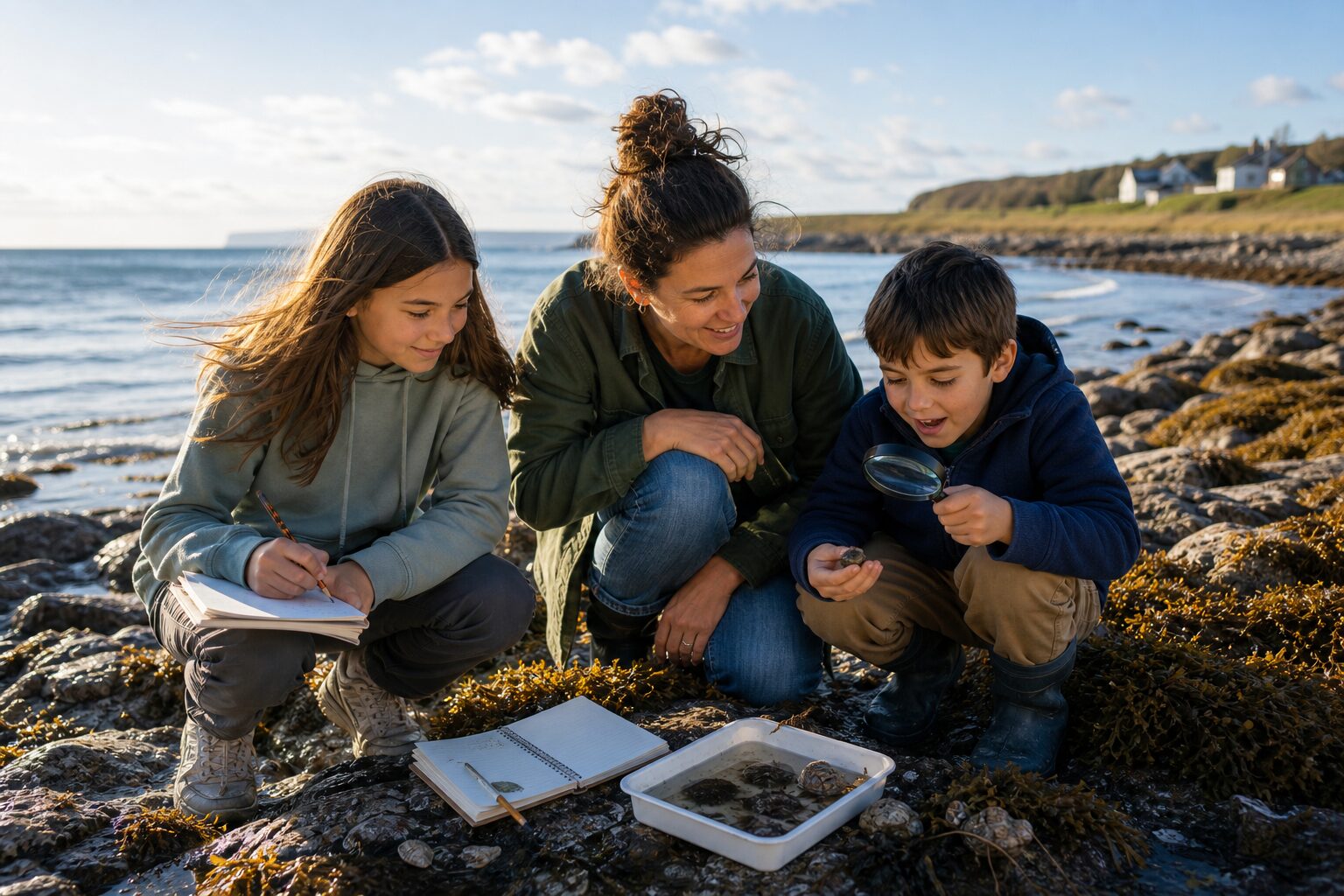 Une mère et ses deux enfants du primaire qui observent la nature et prennent des notes