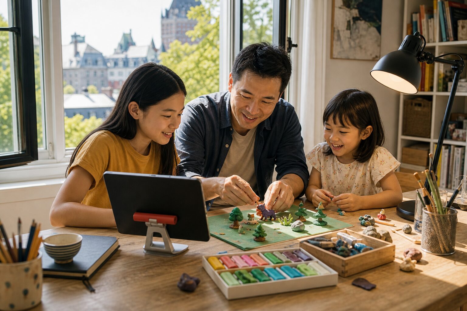 Père et ses deux filles créant une animation en pâte à modeler à la maison