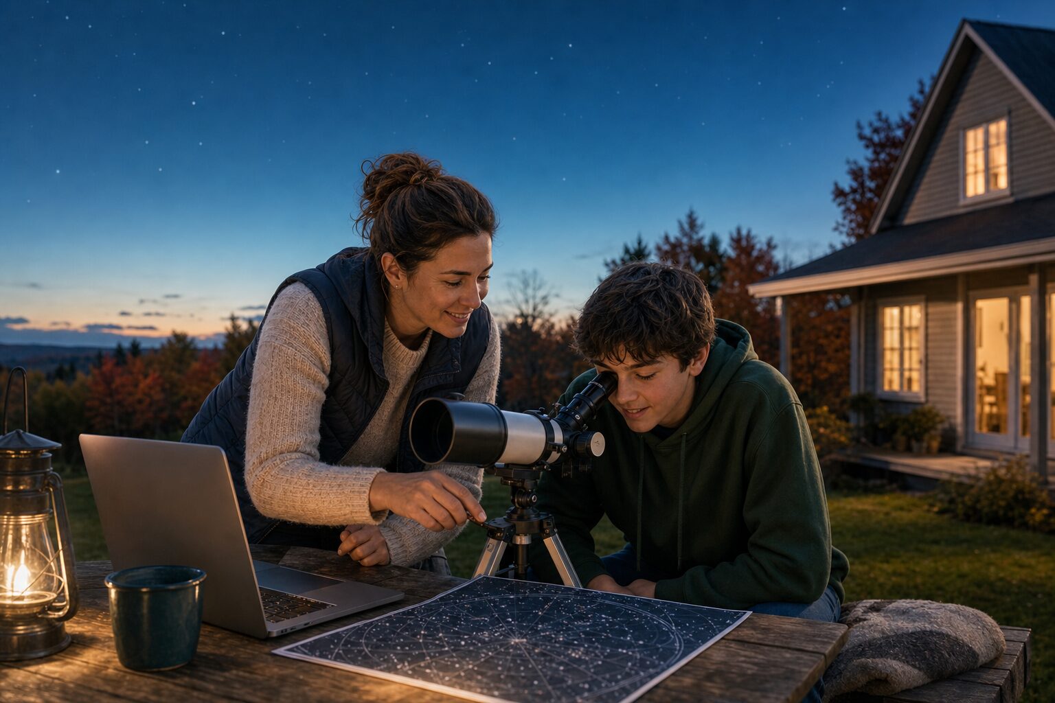 Mère et fils observant les étoiles au télescope au crépuscule